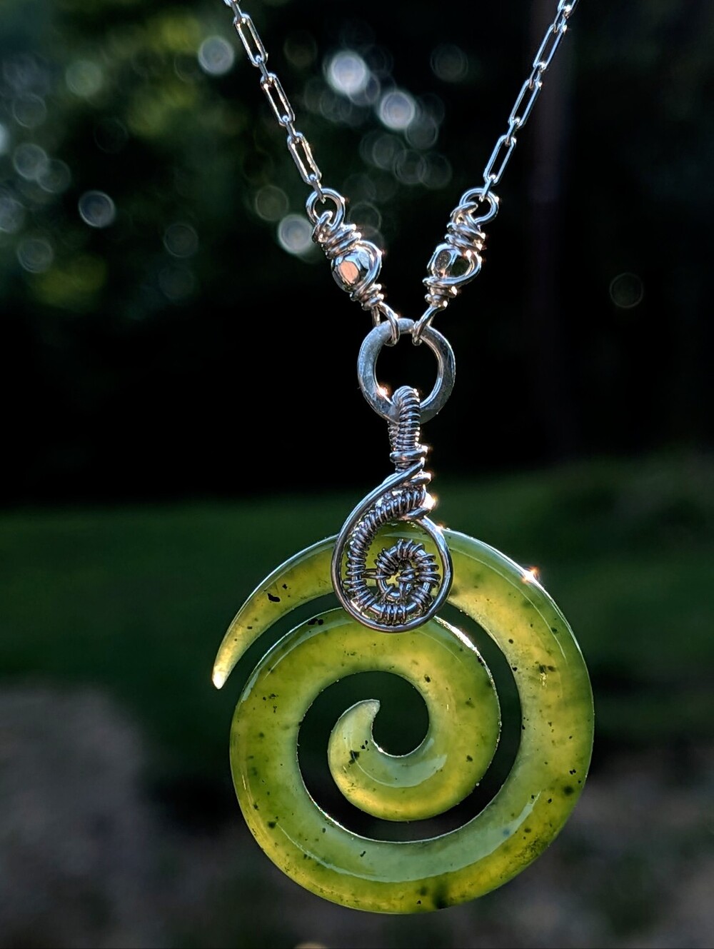 Nephrite Jade Spiral on Sterling Chain - Sterling Wire Wrap Pendant Necklace